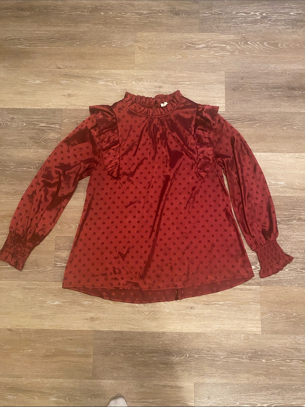 JODIFL Burgundy Polka Dot Ruffle Long-Sleeve Blouse